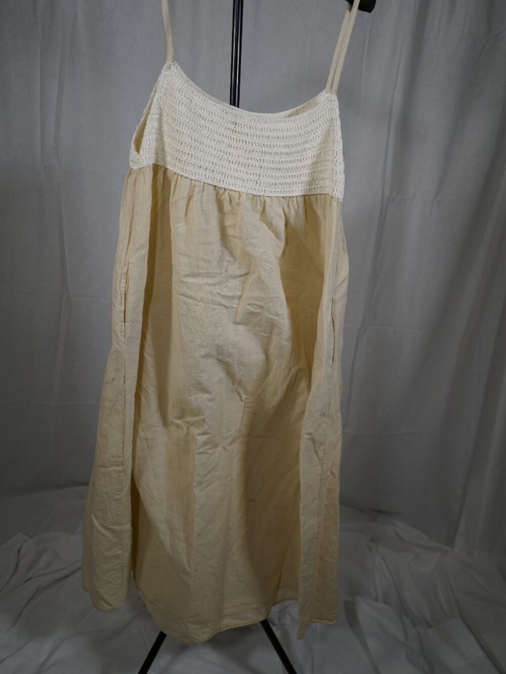 Zara Cream Linen Cotton Smocked Midi Dress Boho Coastal Minimalist Summer L